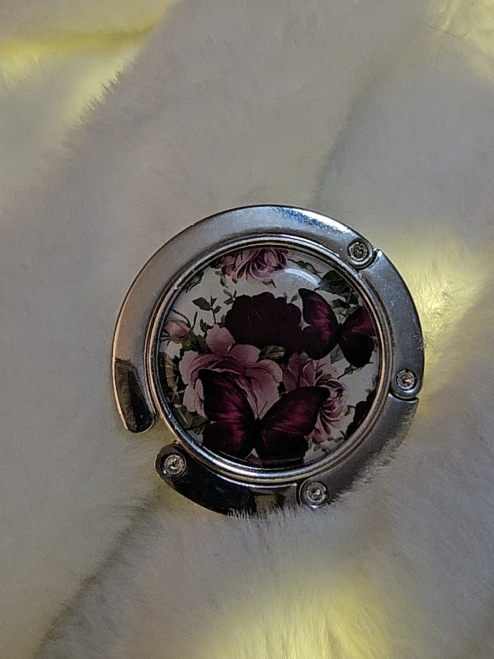 Foldable Handbag Hook with Purple Floral Inlay